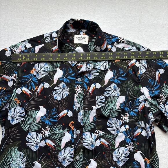Tunevuse Men Medium Hawaiian Shirt Toucan Cockatoos Bird Floral Black - Picture 9 of 12